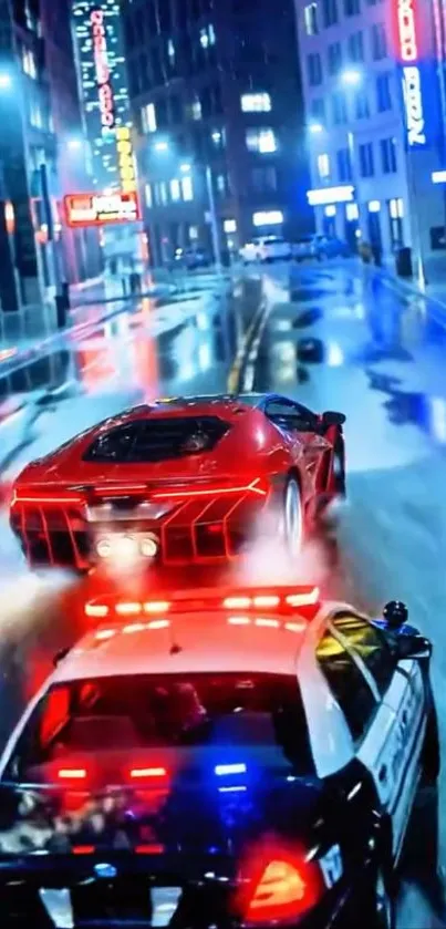 Red sports car chased by police in city night scene.