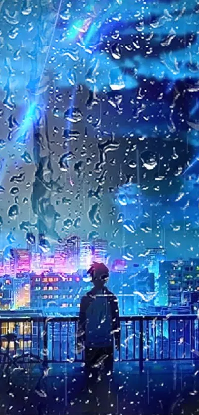 Artistic cityscape at night with rain and neon lights creating a vibrant atmosphere.