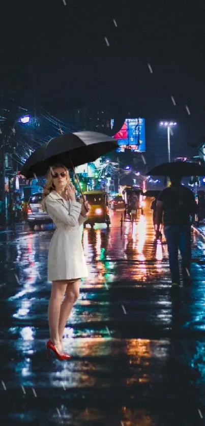 Woman in white dress with umbrella on rainy night street.