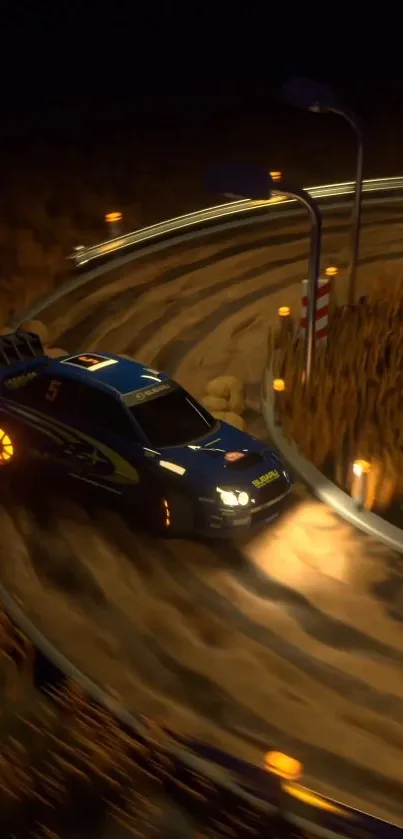 Blue rally car drifting at night on a curved track.