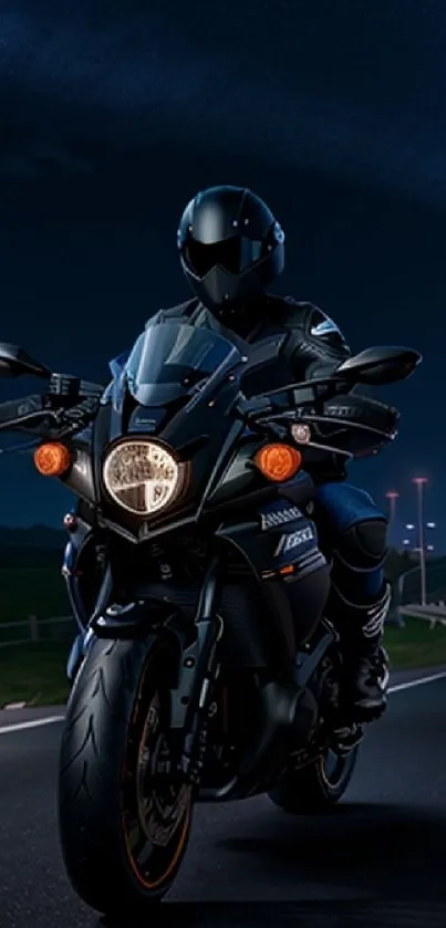 Motorcycle riding at night on highway with starry sky backdrop.