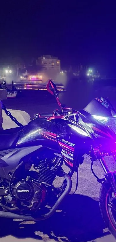 Motorcycle with neon lights at a city night scene.