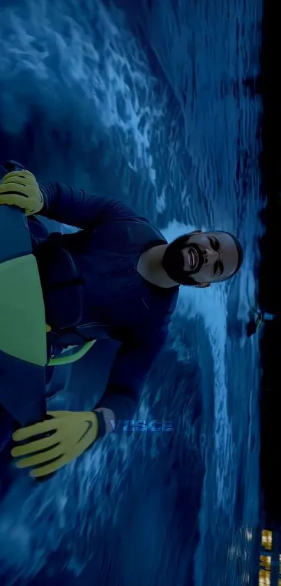 Man on a jet ski at night, vibrant blue water and city lights.