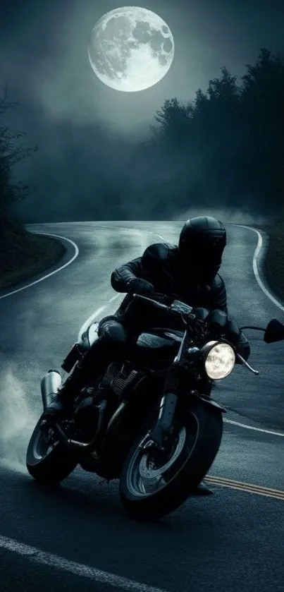 A motorcyclist rides under a full moon.