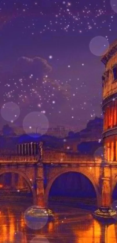 Starry Roman bridge under the moonlit sky with a purple hue.