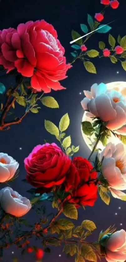 Vibrant roses under a full moon at night.