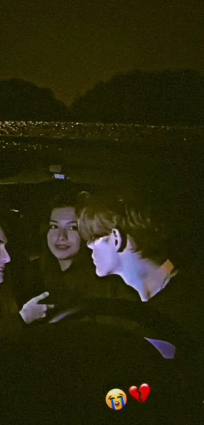 Three friends talking in a car at night with a dark atmosphere.