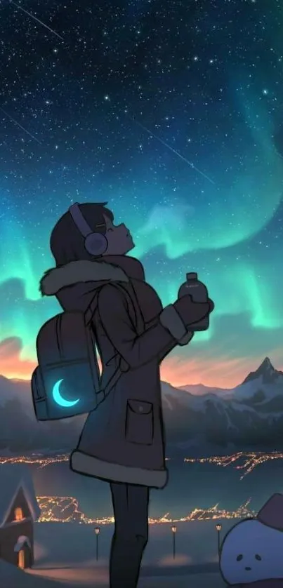 Animated figure under starry aurora sky.