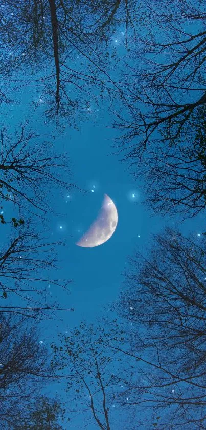 Mobile wallpaper with crescent moon in a starry, tree-framed night sky.