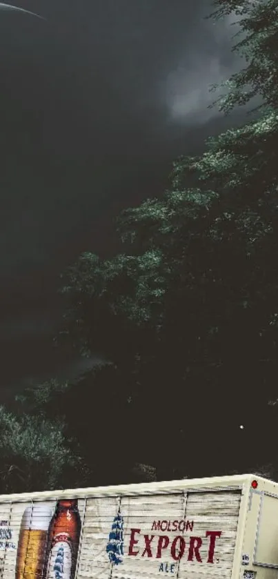 Delivery truck under dark night sky with moonlit forest backdrop.