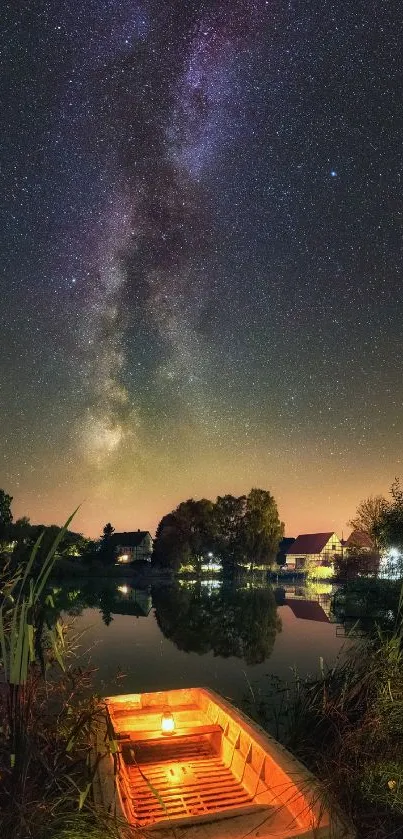 Starry night sky reflects over a calm lake with glowing boat.