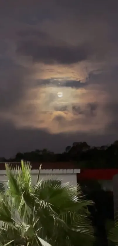 An enchanting night scene with a full moon and palm trees under dark clouds.