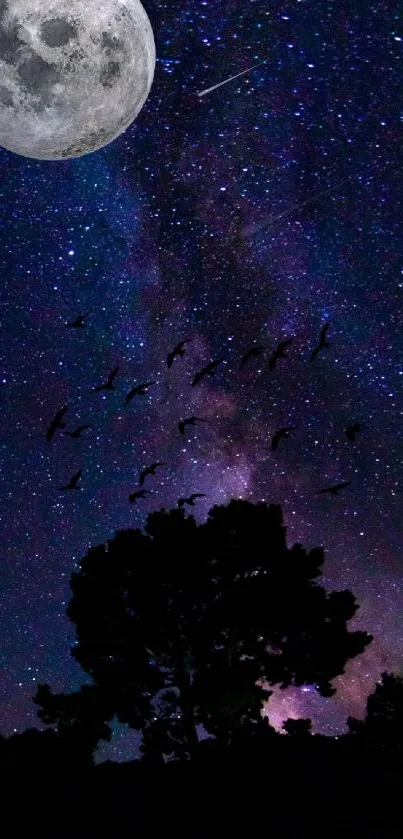 A full moon above a starry night sky with silhouetted trees and birds.