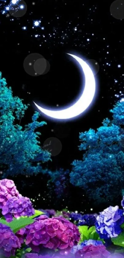 Crescent moon with stars over trees and purple flowers.