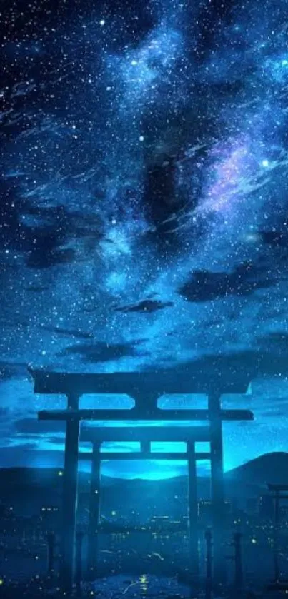 Starry night sky over torii gate, rich in blue hues.