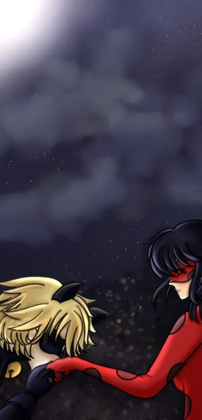 Romantic animated couple under a starry night sky.