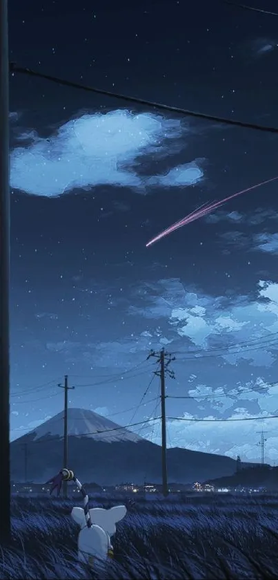 Anime night sky with shooting star and landscape.