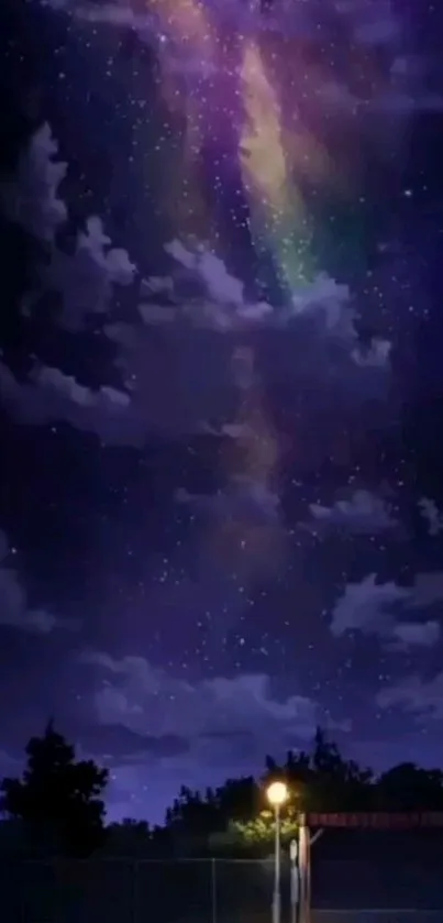 Anime night sky with stars and aurora, perfect for mobile wallpaper.