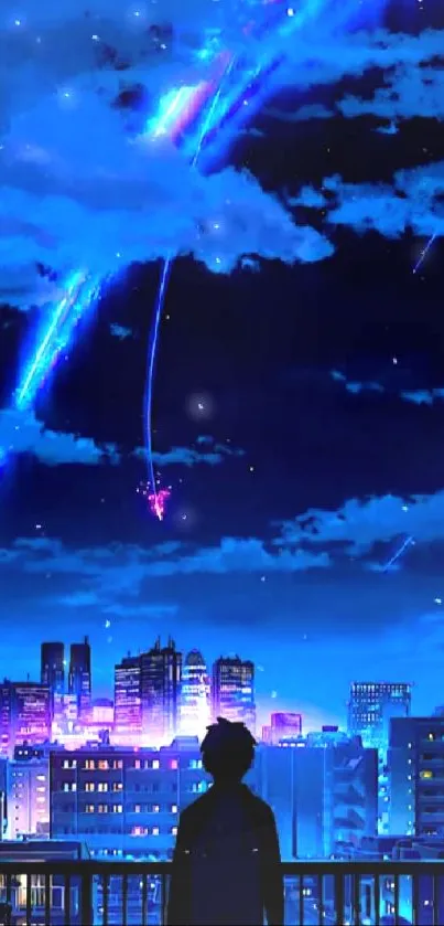 Anime cityscape at night with blue meteor streaks across the sky.