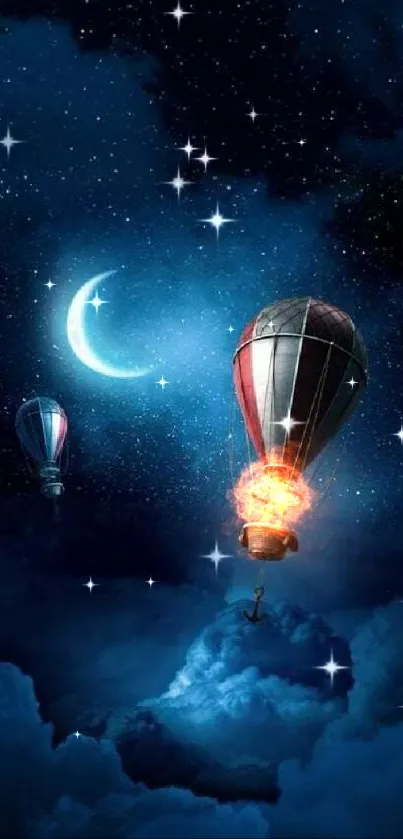 Hot air balloons under a starry night sky with crescent moon and clouds.