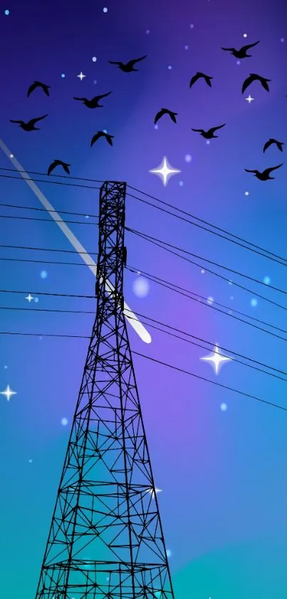 Silhouette of a power line with geese against a starry night sky.