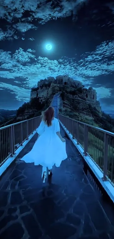 Woman in white dress walking on a moonlit bridge under a starry sky.