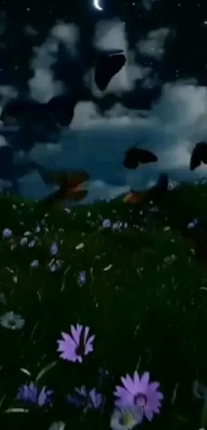 Butterflies flutter over a nighttime flowered meadow.