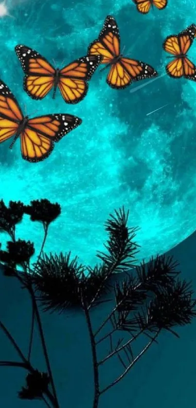 Butterflies illuminated by blue moon in night sky.