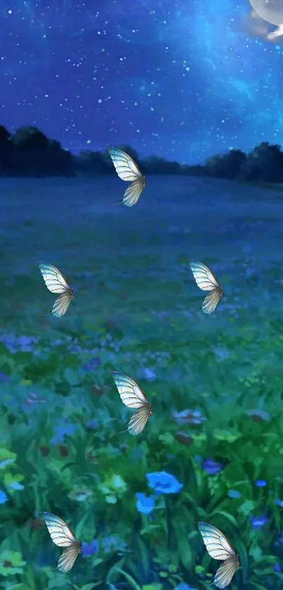 Butterflies hovering over a moonlit field under a starry blue sky.