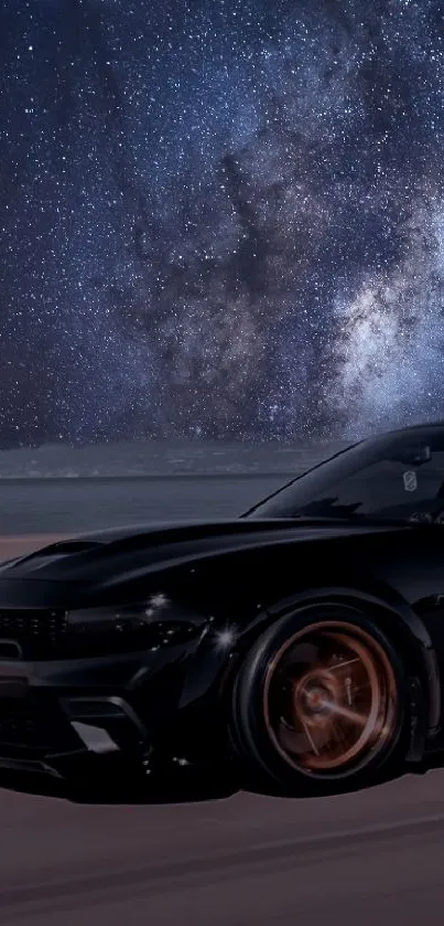 Sleek black car under a starry night sky.