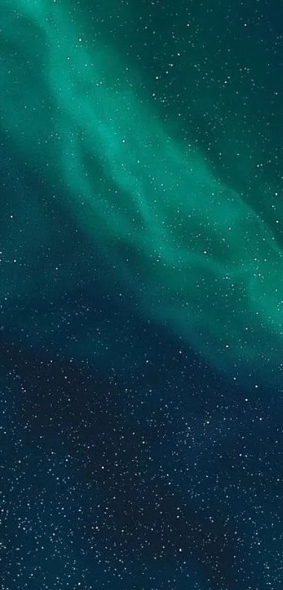 Mobile wallpaper featuring a cosmic night sky with a green aurora and stars.