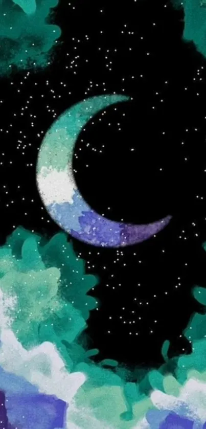 Crescent moon with starry teal and purple background.