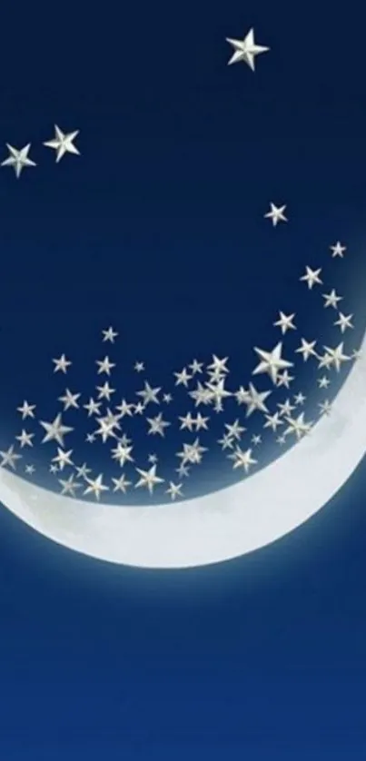 Crescent moon with stars on a deep blue sky wallpaper.