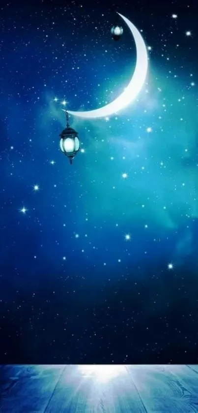 Crescent moon and lantern with stars in a deep blue night sky.