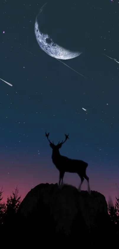 Deer silhouette with crescent moon and stars in night sky.