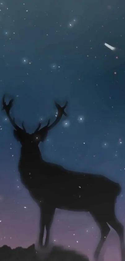 Silhouette of deer beneath a starry night sky.