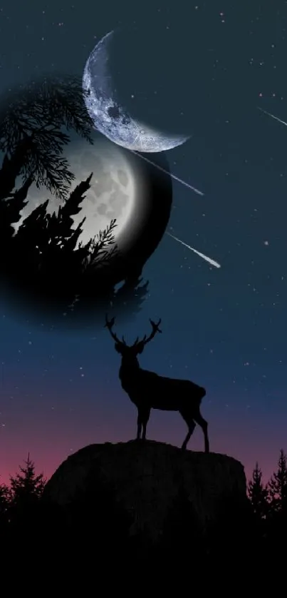 Deer silhouette under a starry sky with crescent moon and shooting stars.