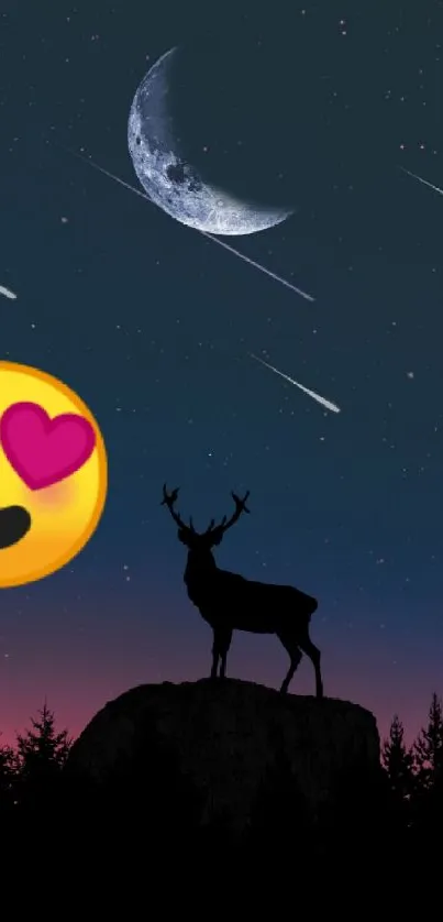 Deer silhouette with emoji under starry night sky and crescent moon.