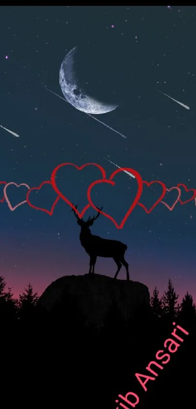 Deer silhouetted against night sky with heart patterns and moon.