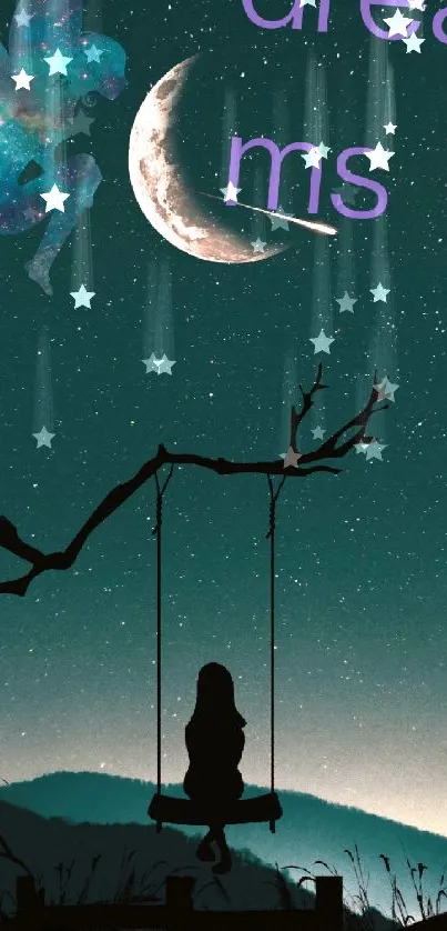 Silhouette on swing under moon with 'dreams' text, night sky theme.