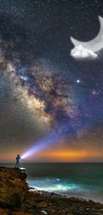 Man on cliff under starry sky with Milky Way and crescent moon.