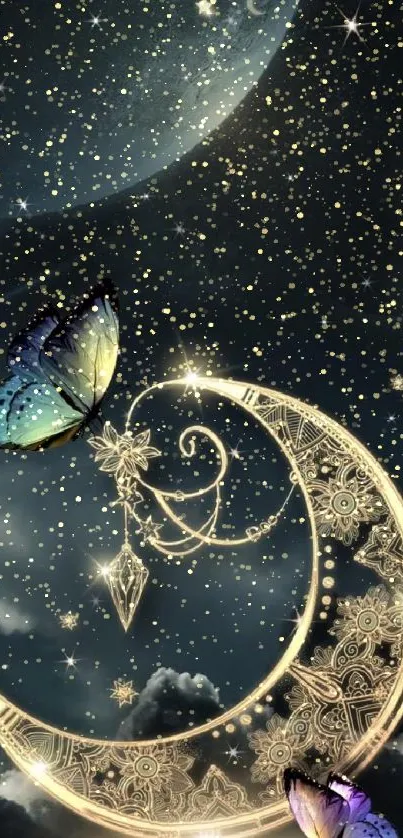 Fantasy night sky with golden crescent moon and butterflies.