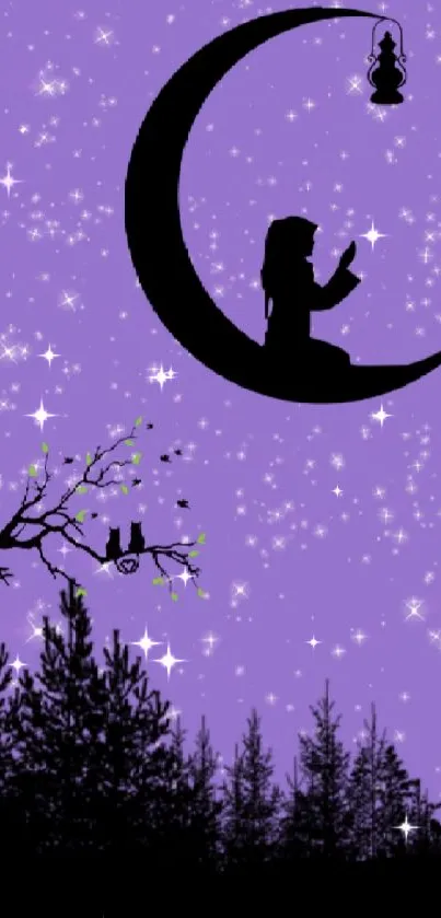 Silhouette on crescent moon with purple starry sky.