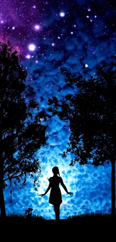 Silhouette of a girl under a starry night sky with vibrant blue and purple hues.
