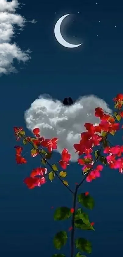 Dark blue sky with crescent moon and red flowers.