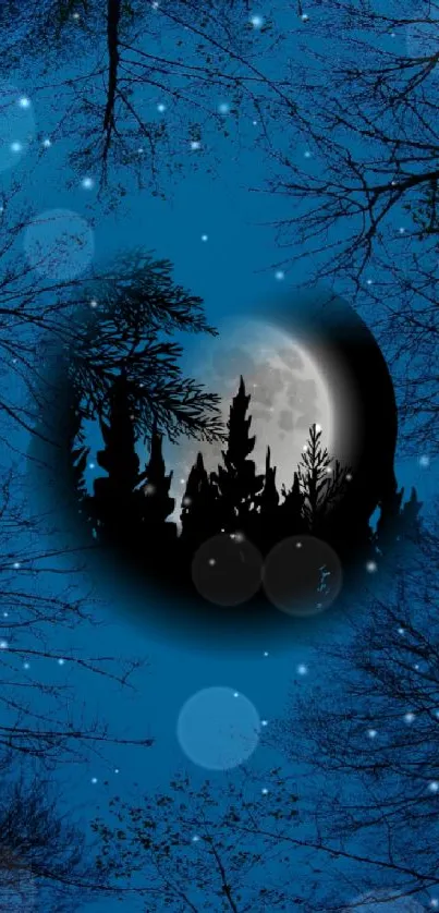 Night sky with a full moon and silhouetted forest.