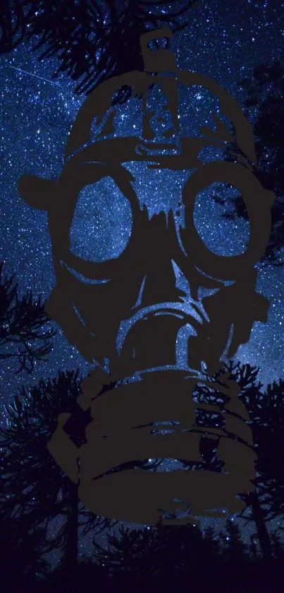 Gas mask silhouette with starry night sky background, dark and intriguing wallpaper.
