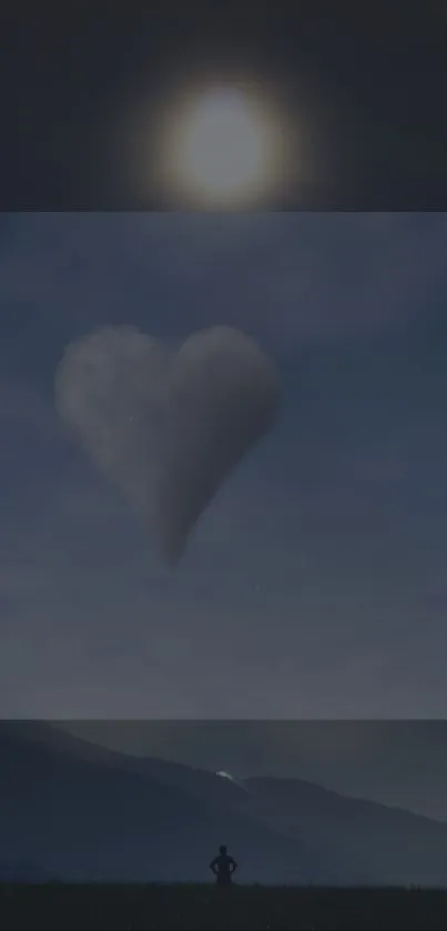 Heart-shaped cloud under moonlit night sky wallpaper.