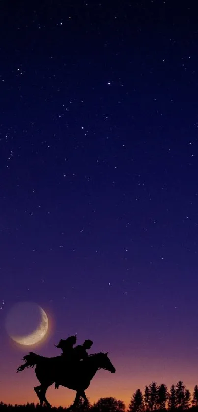 Silhouette of a horse rider against a twilight starlit sky.