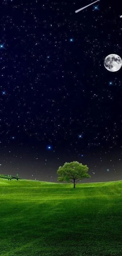 Peaceful night sky with stars and moon over green hills.